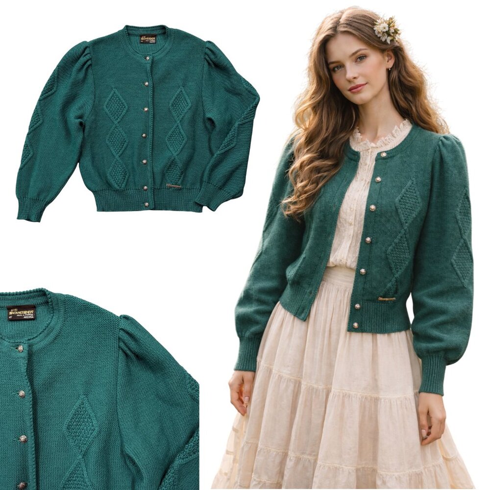 VTG Sigi Scheiber 100% Wool Cardigan Puff Sleeve Cottagecore Austria Green 40(M)